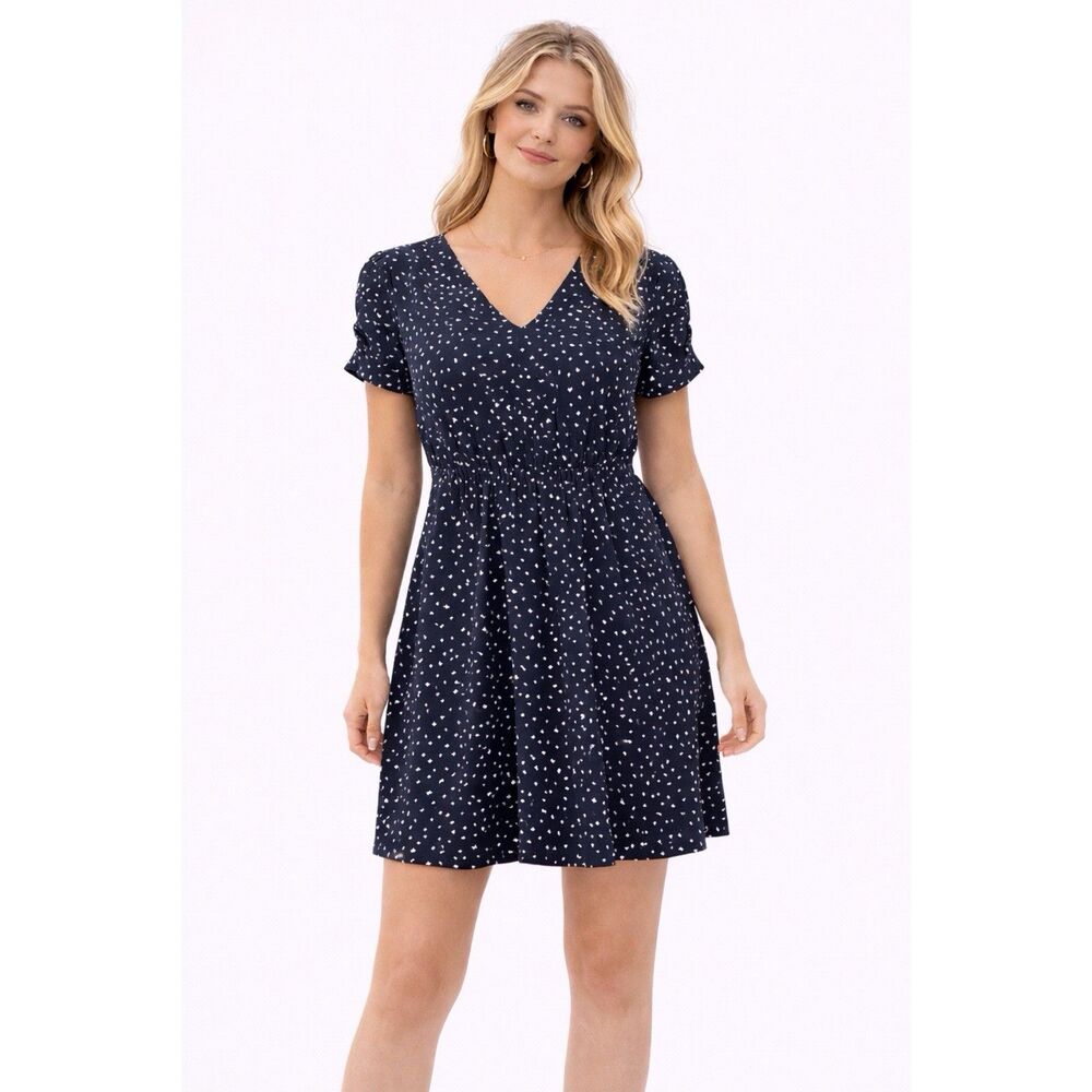 Banana Republic Dress Navy White Heart Print V-Neck Fit & Flare Size SP